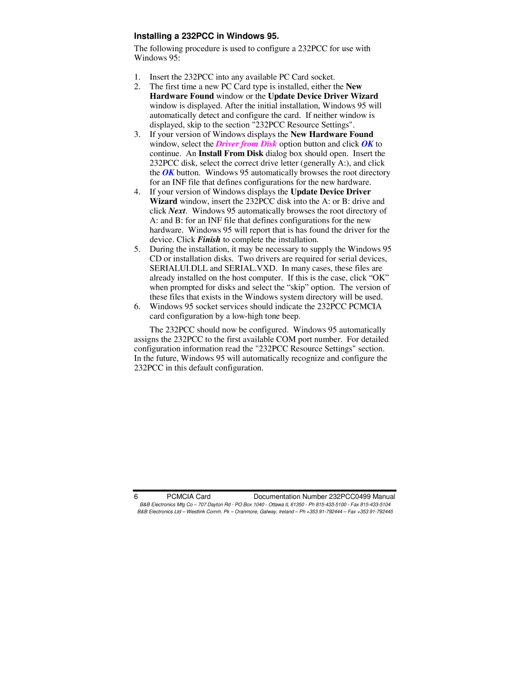 B&B Electronics manual Installing a 232PCC in Windows 