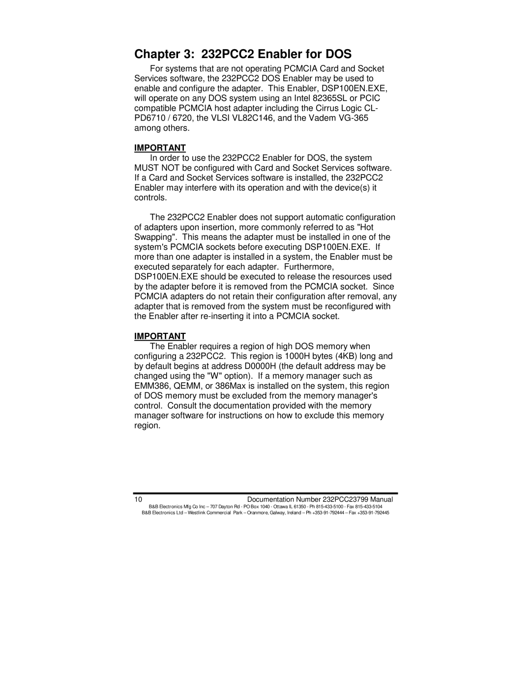 B&B Electronics manual 232PCC2 Enabler for DOS 