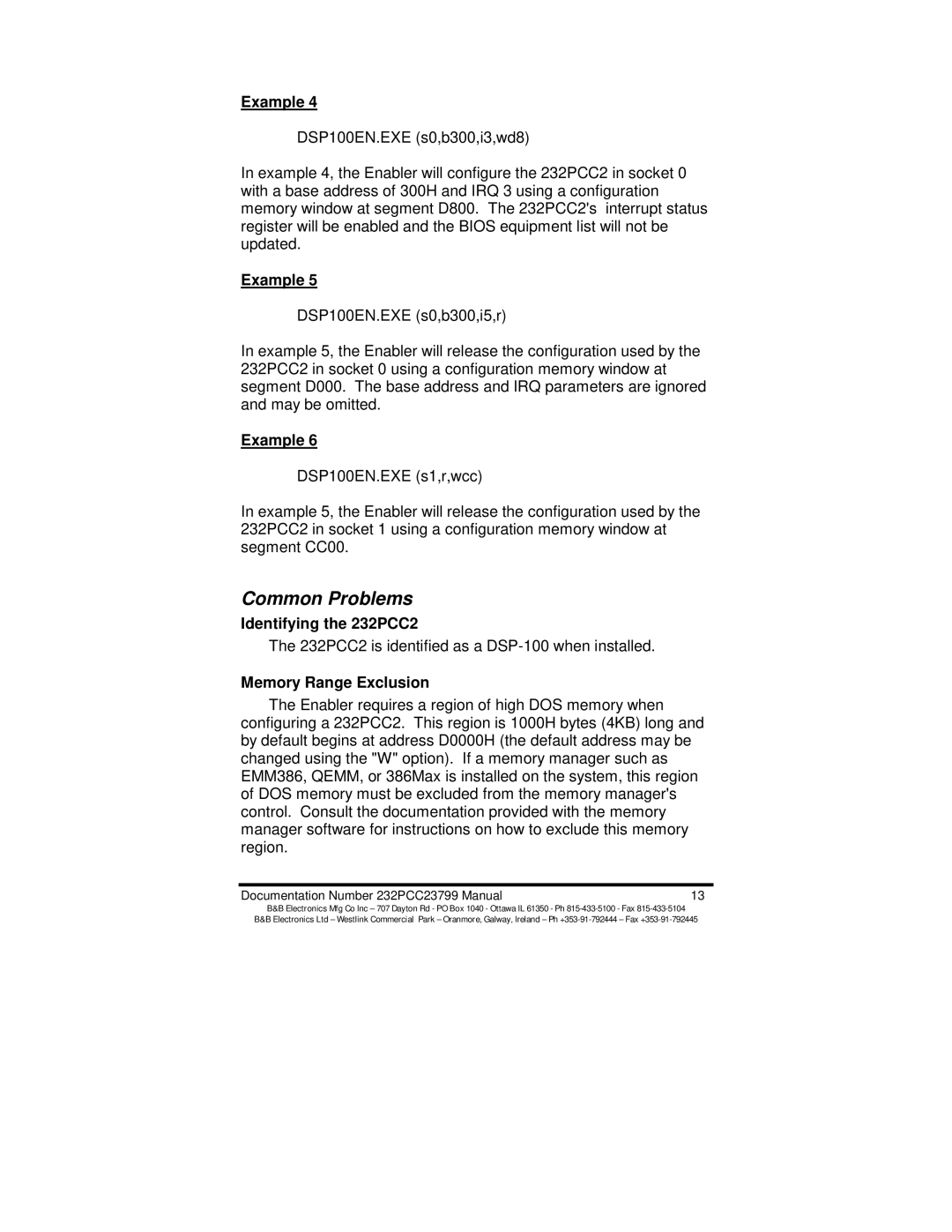 B&B Electronics 232PCC2 manual Common Problems, Memory Range Exclusion 