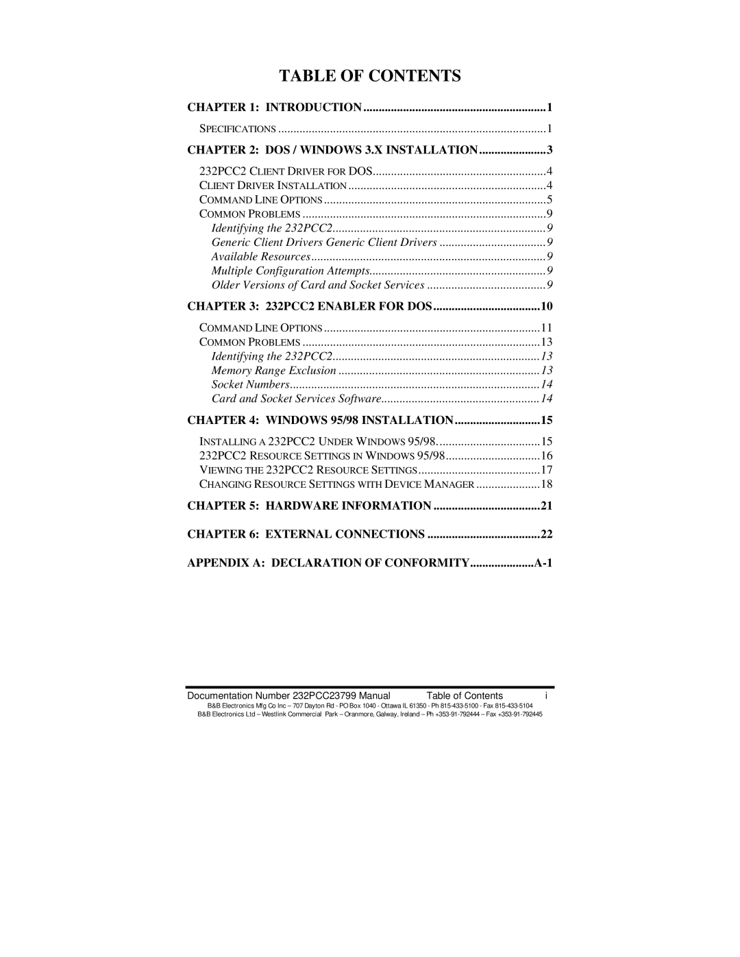 B&B Electronics 232PCC2 manual Table of Contents 