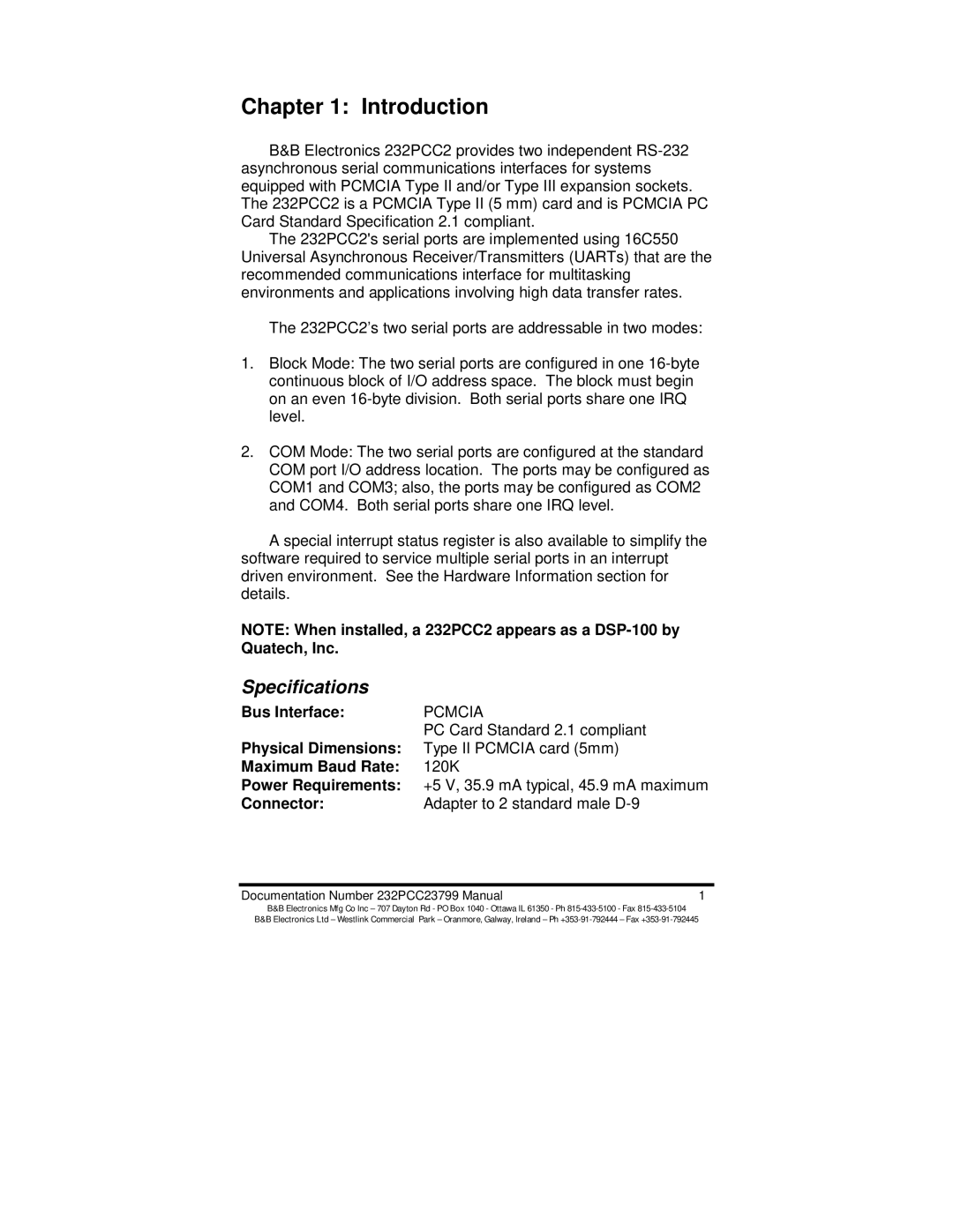 B&B Electronics 232PCC2 manual Introduction, Specifications 