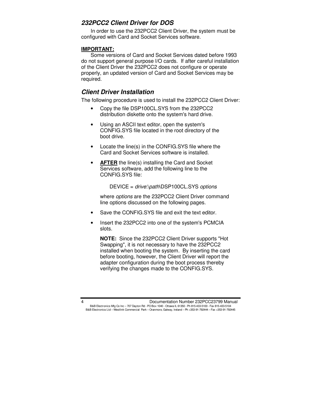 B&B Electronics manual 232PCC2 Client Driver for DOS, Client Driver Installation 