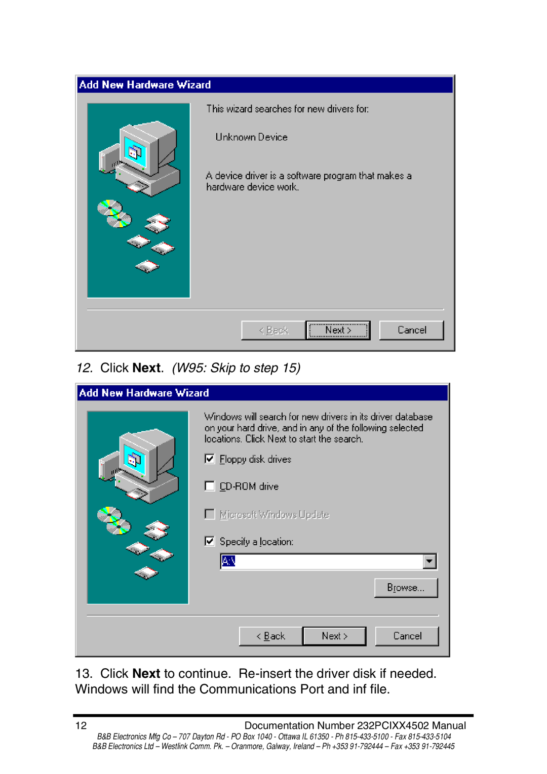 B&B Electronics 232PCI1A, 232PCI2A, 232PCI2B, 232PCI1B manual Click Next. W95 Skip to step 