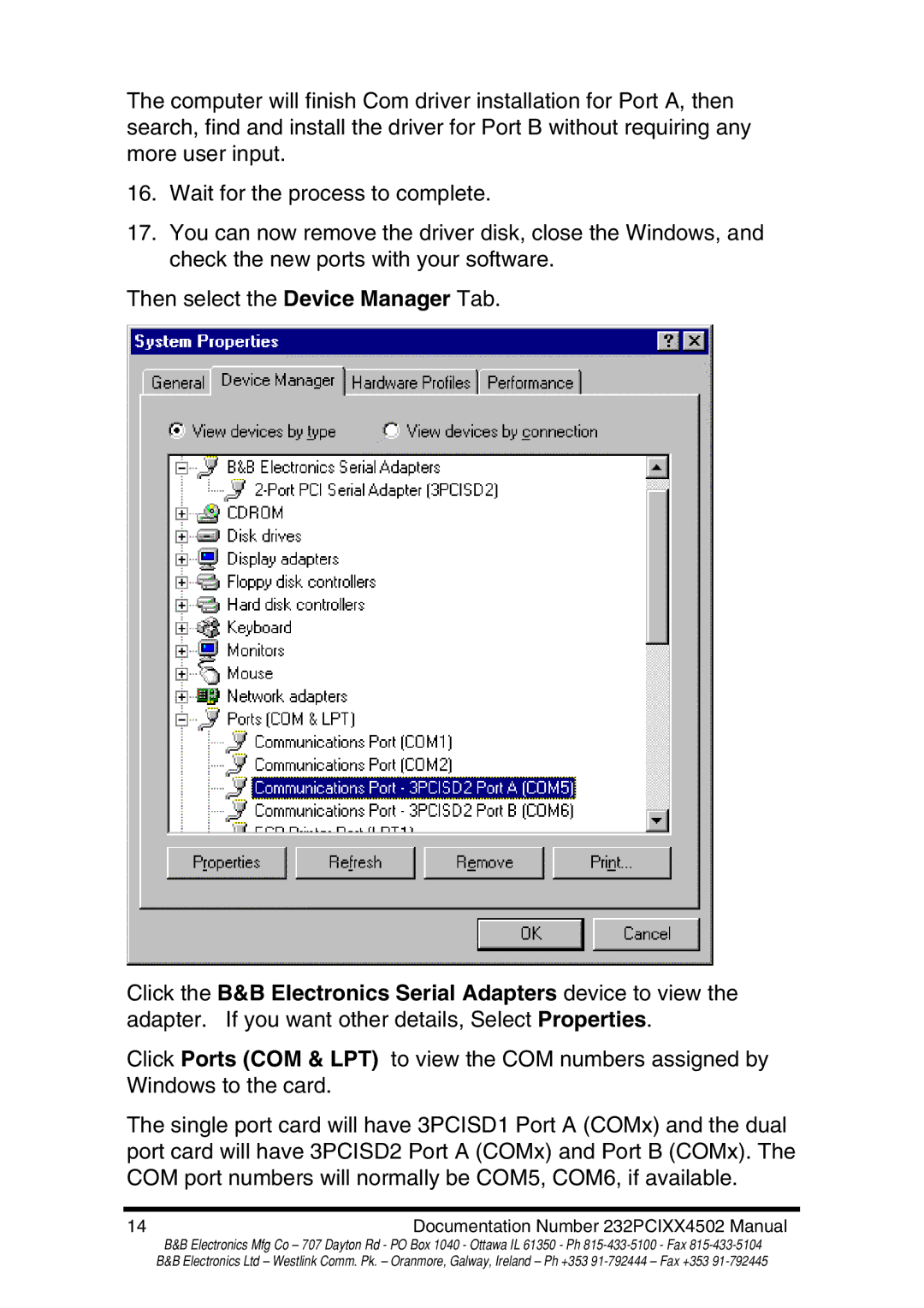 B&B Electronics 232PCI2B, 232PCI2A, 232PCI1B, 232PCI1A manual Documentation Number 232PCIXX4502 Manual 