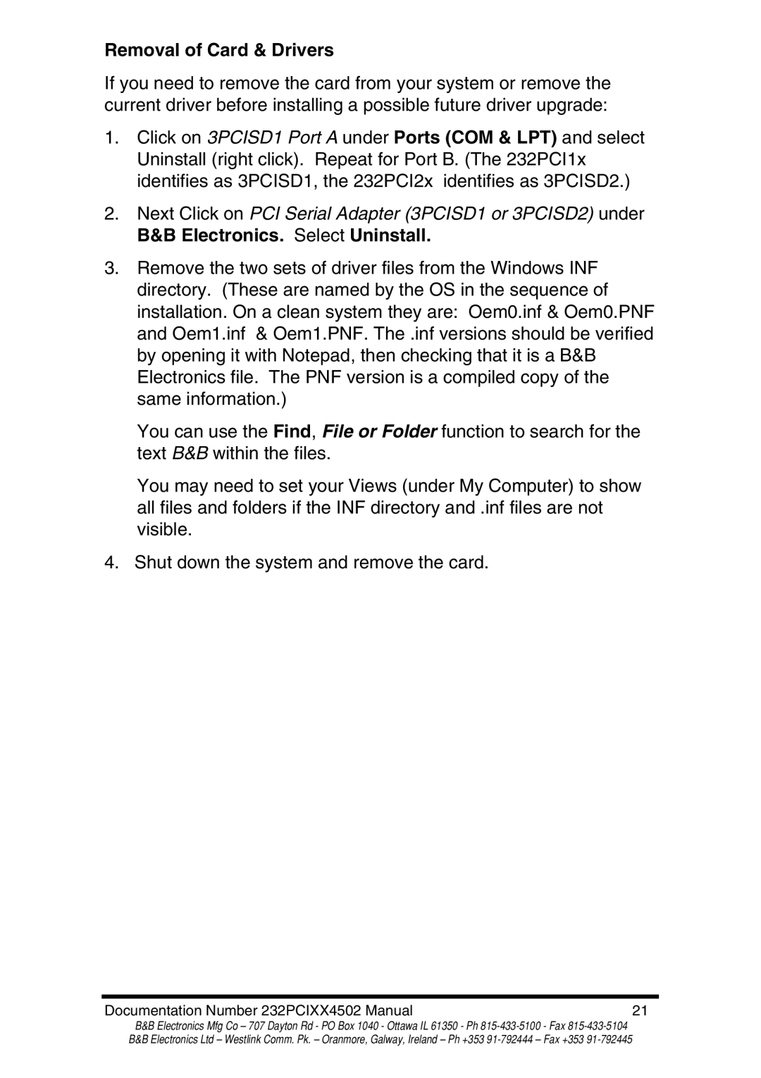 B&B Electronics 232PCI2A, 232PCI2B, 232PCI1B, 232PCI1A manual Removal of Card & Drivers 