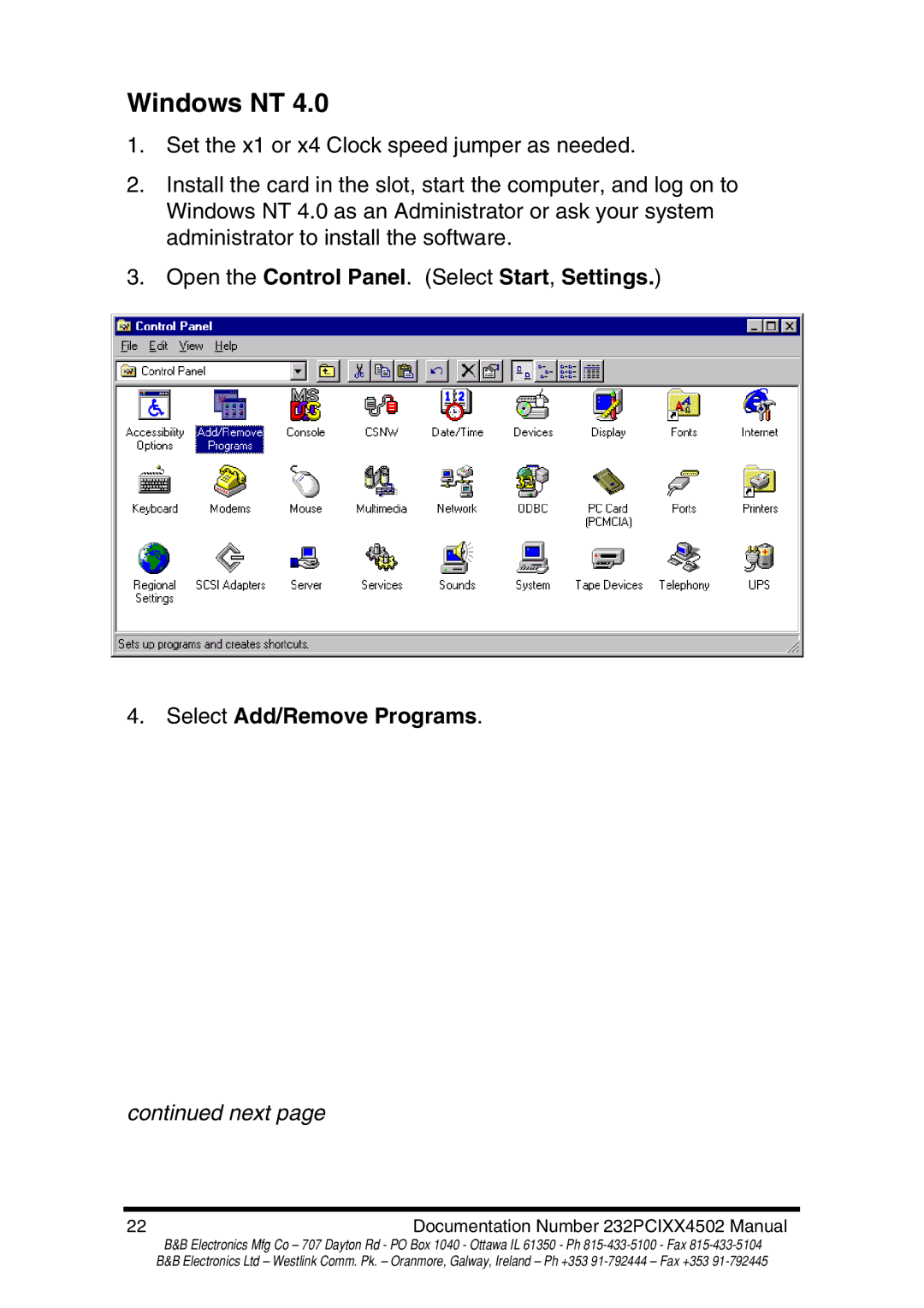 B&B Electronics 232PCI2B, 232PCI2A, 232PCI1B, 232PCI1A manual Windows NT 