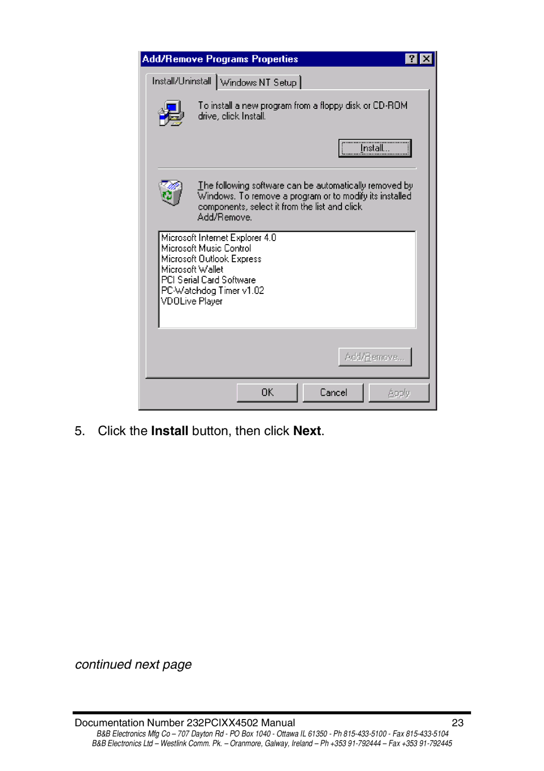 B&B Electronics 232PCI1B, 232PCI2A, 232PCI2B, 232PCI1A manual Click the Install button, then click Next 