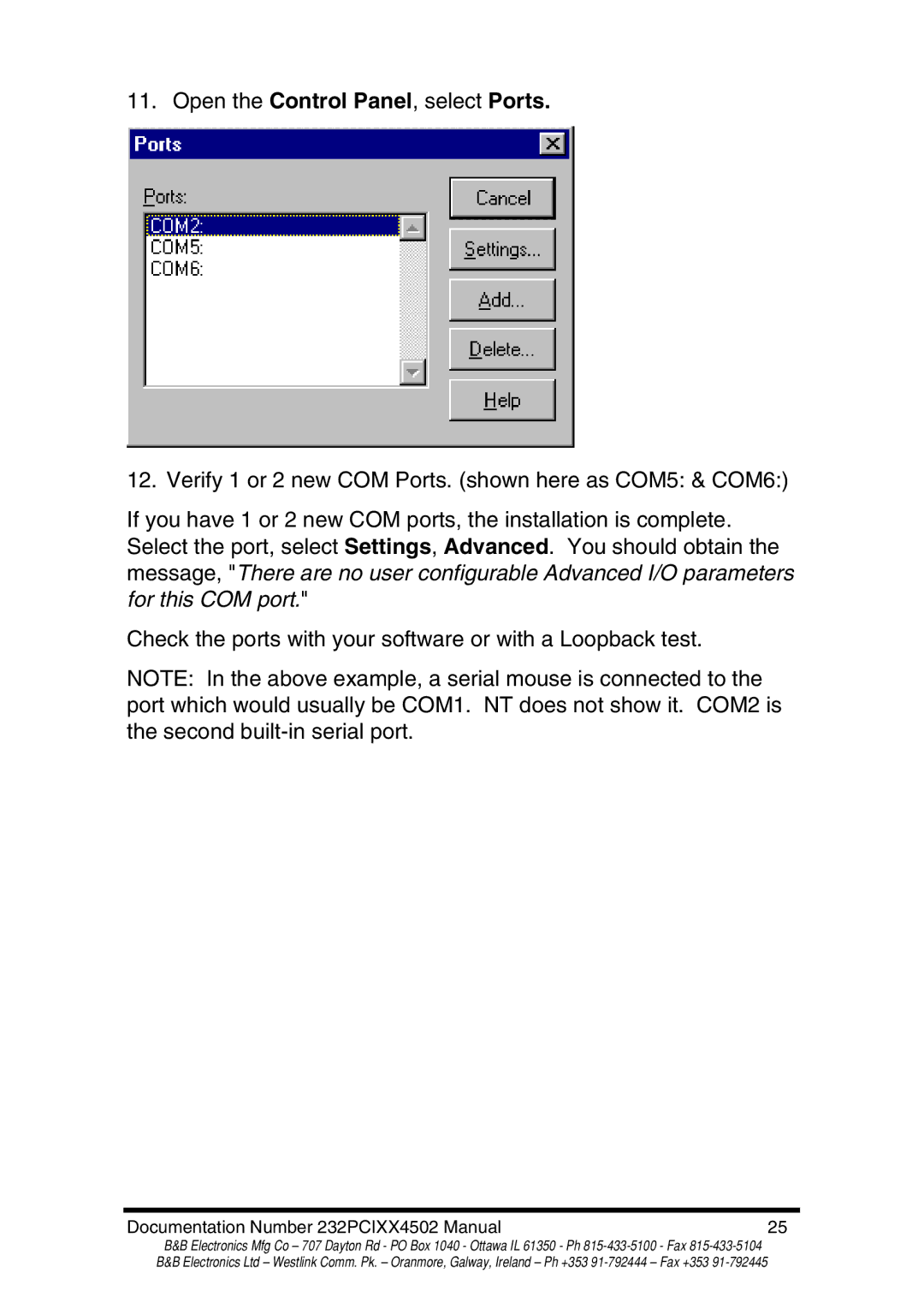 B&B Electronics 232PCI2A, 232PCI2B, 232PCI1B, 232PCI1A manual Open the Control Panel, select Ports 