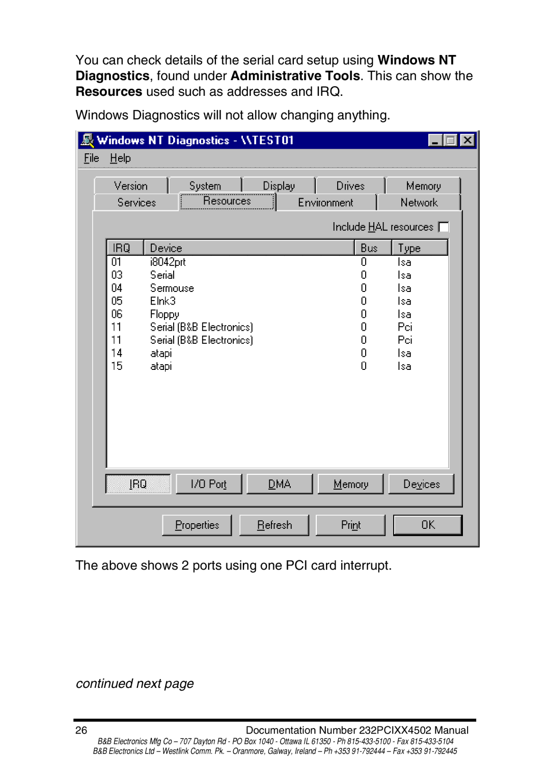 B&B Electronics 232PCI2B, 232PCI2A, 232PCI1B, 232PCI1A manual Next 