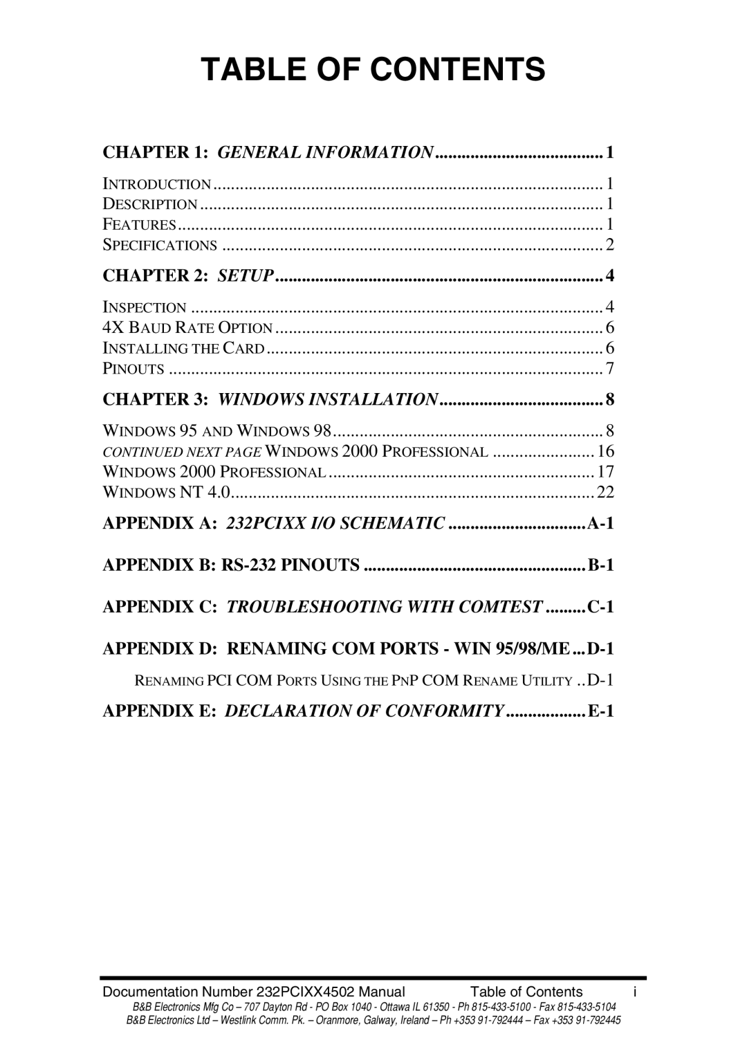 B&B Electronics 232PCI1A, 232PCI2A, 232PCI2B, 232PCI1B manual Table of Contents 