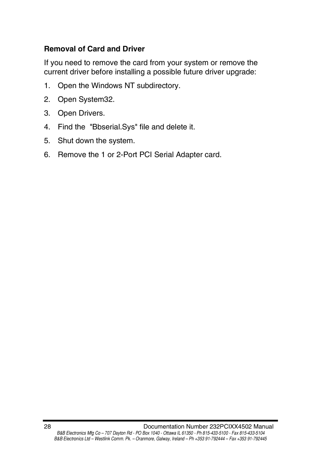 B&B Electronics 232PCI1A, 232PCI2A, 232PCI2B, 232PCI1B manual Removal of Card and Driver 