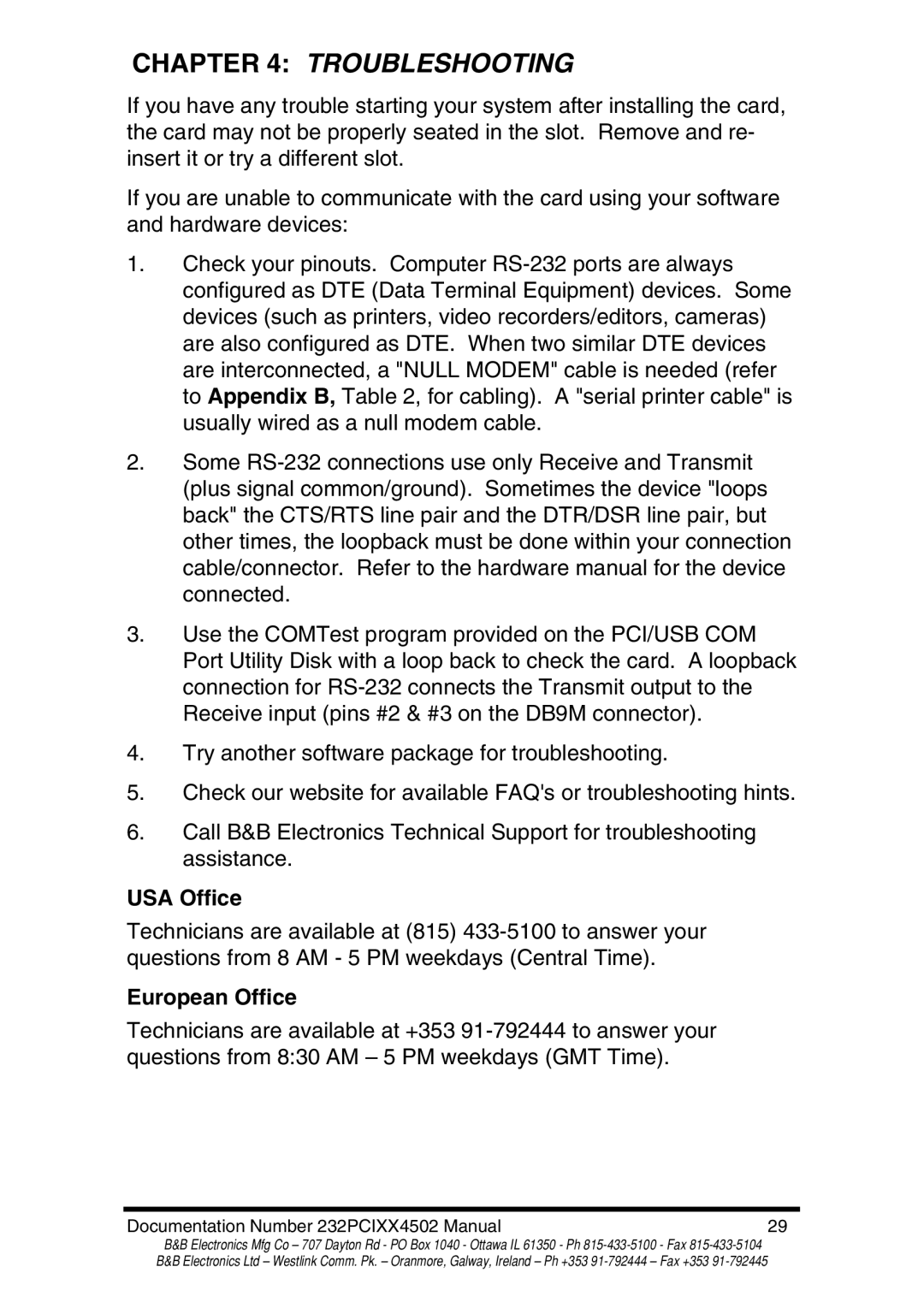 B&B Electronics 232PCI2A, 232PCI2B, 232PCI1B, 232PCI1A manual USA Office, European Office 