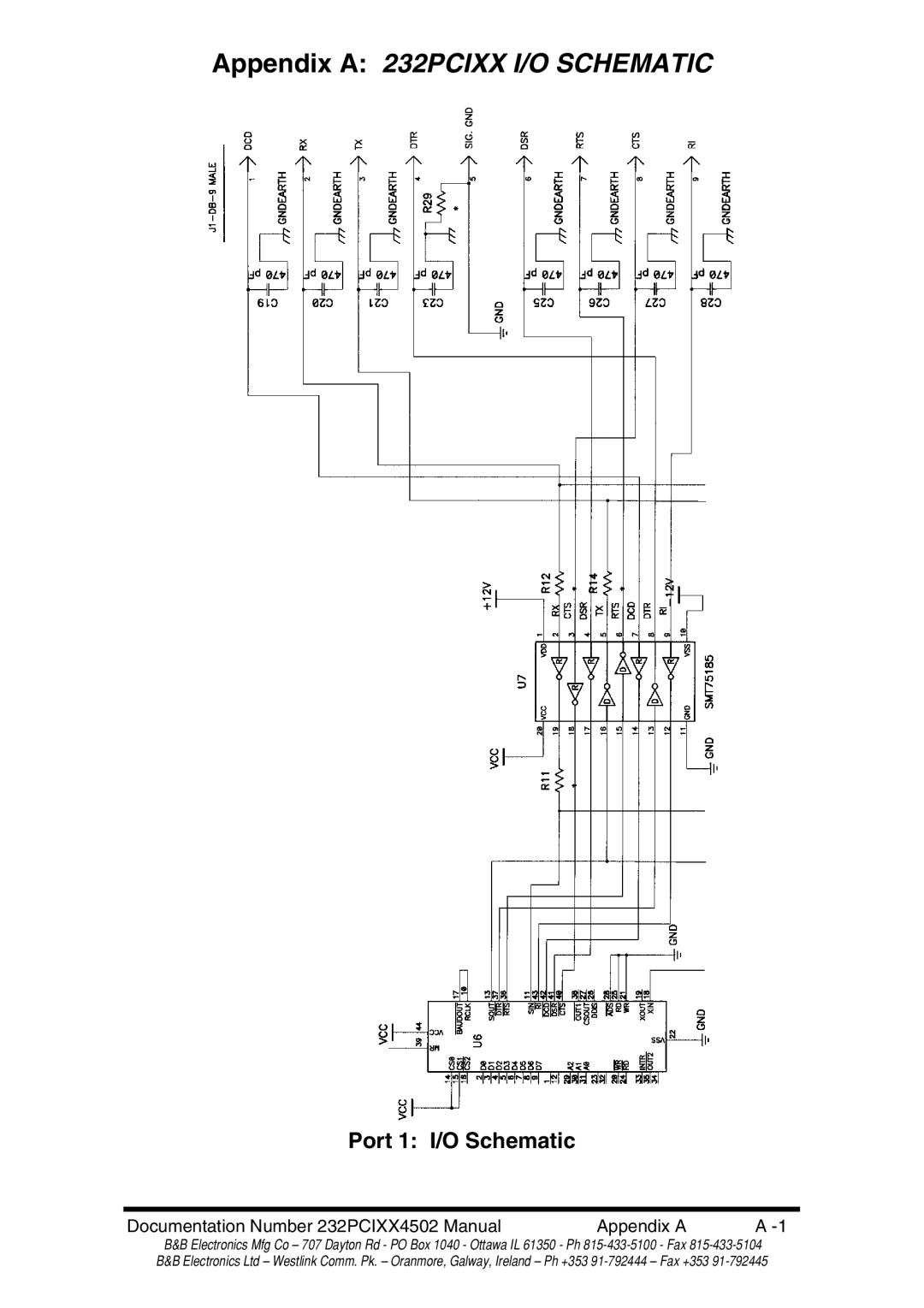 B&B Electronics 232PCI2B, 232PCI2A, 232PCI1B, 232PCI1A manual Appendix a 232PCIXX I/O Schematic, Port 1 I/O Schematic 