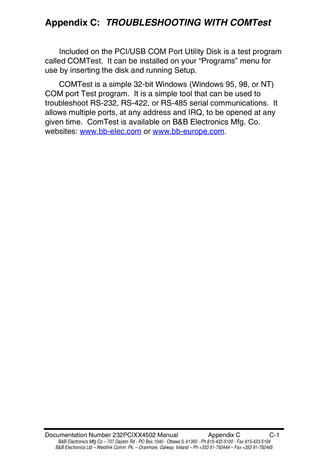 B&B Electronics 232PCI1A, 232PCI2A, 232PCI2B, 232PCI1B manual Appendix C Troubleshooting with COMTest 