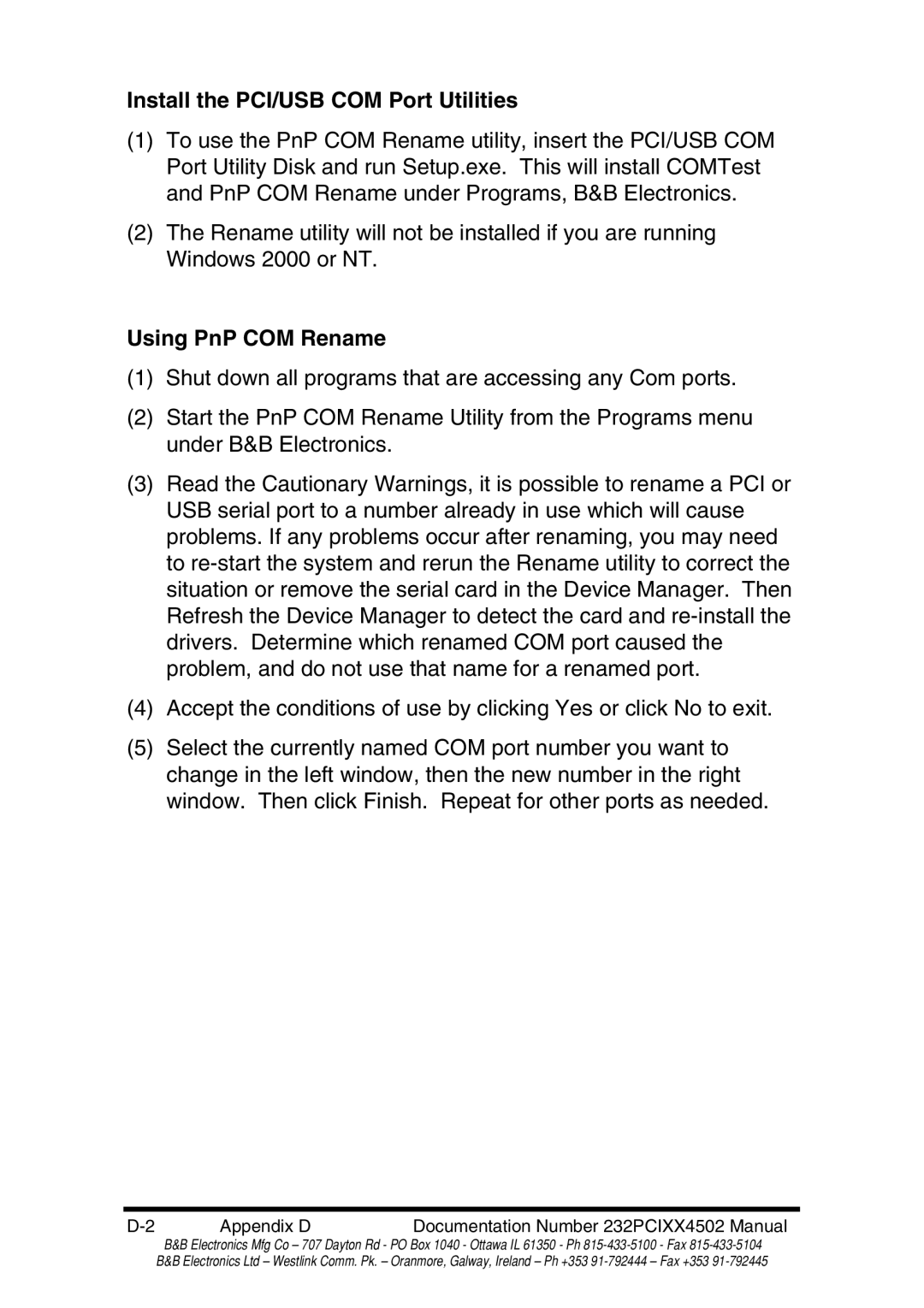 B&B Electronics 232PCI2B, 232PCI2A, 232PCI1B, 232PCI1A manual Install the PCI/USB COM Port Utilities, Using PnP COM Rename 