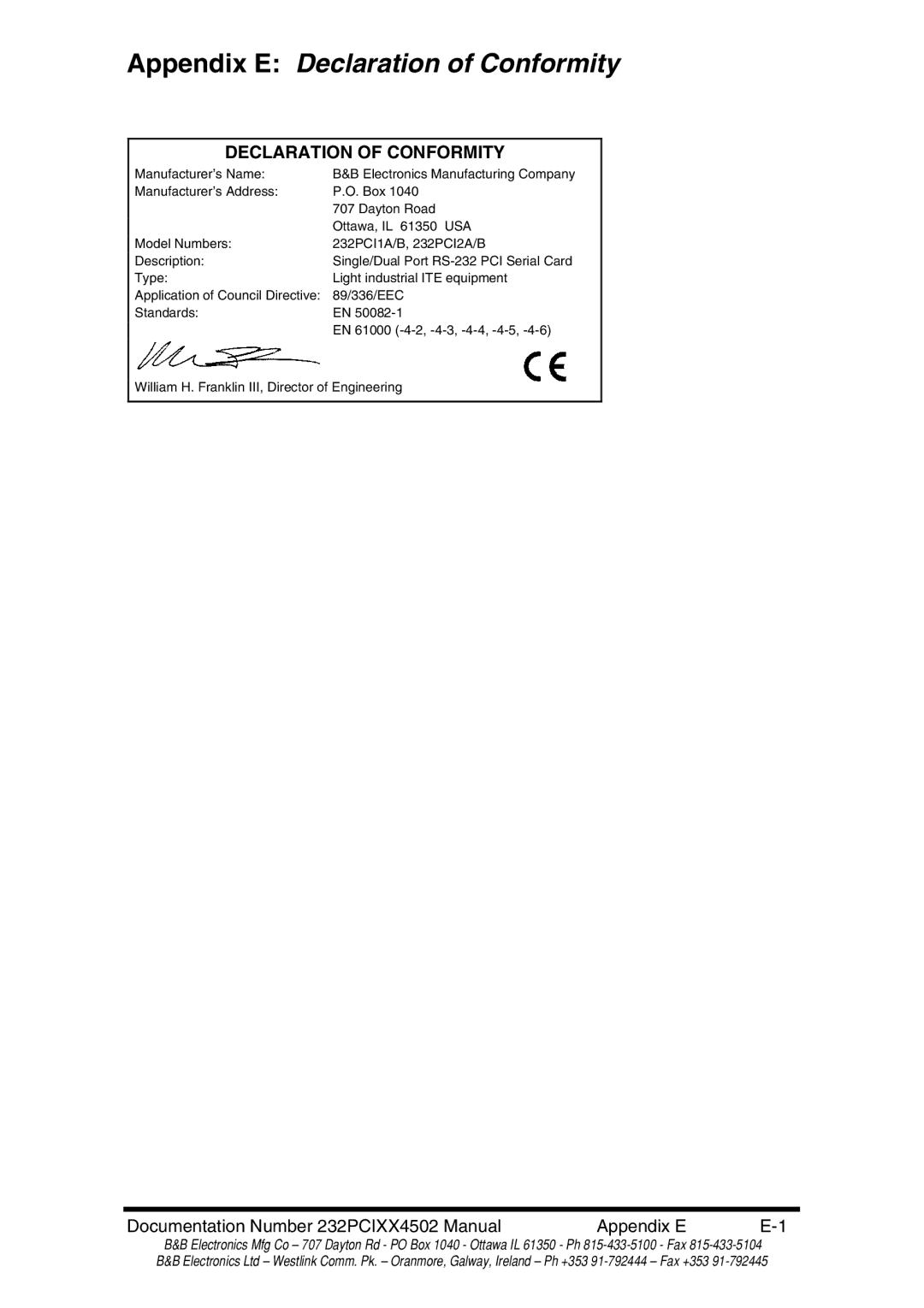 B&B Electronics 232PCI1A, 232PCI2A, 232PCI2B, 232PCI1B manual Appendix E Declaration of Conformity 