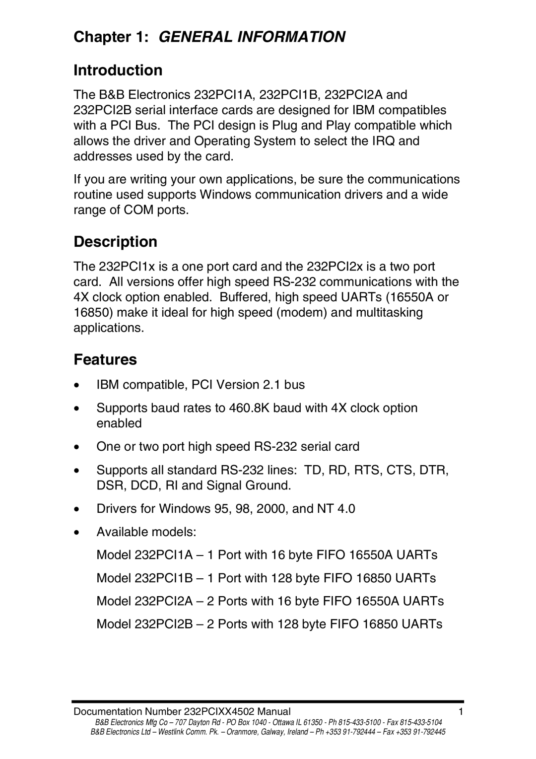 B&B Electronics 232PCI2A, 232PCI2B, 232PCI1B, 232PCI1A manual Introduction, Description, Features 