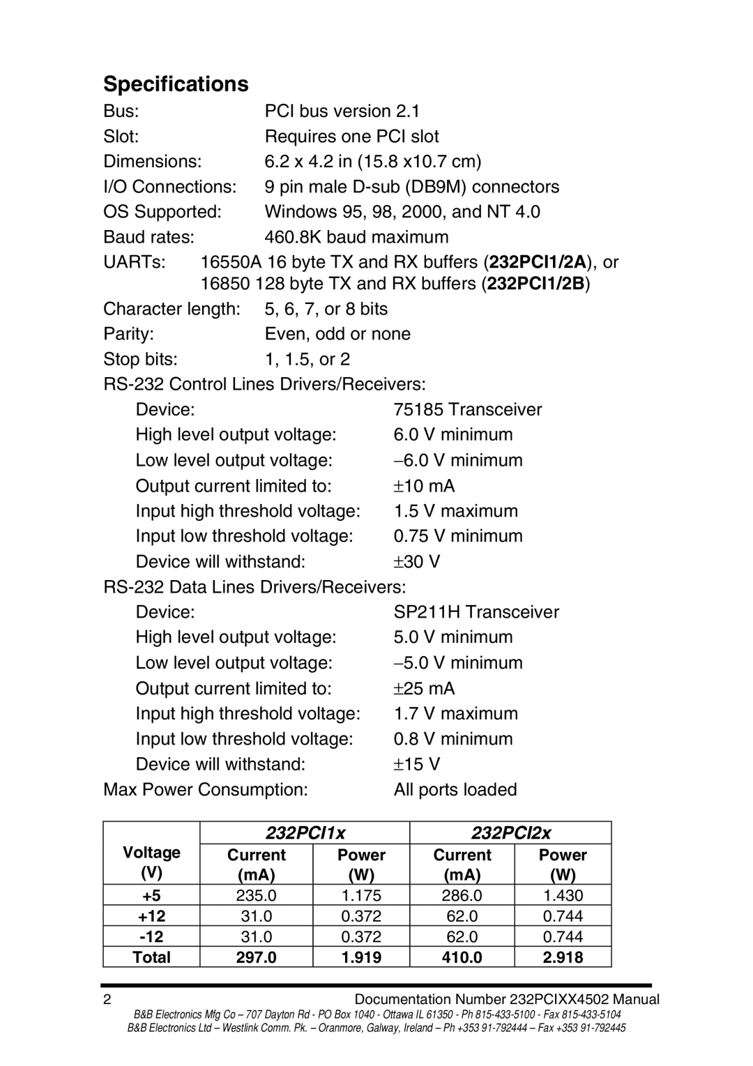 B&B Electronics 232PCI2B, 232PCI2A, 232PCI1B, 232PCI1A manual Specifications, 232PCI1x 232PCI2x 