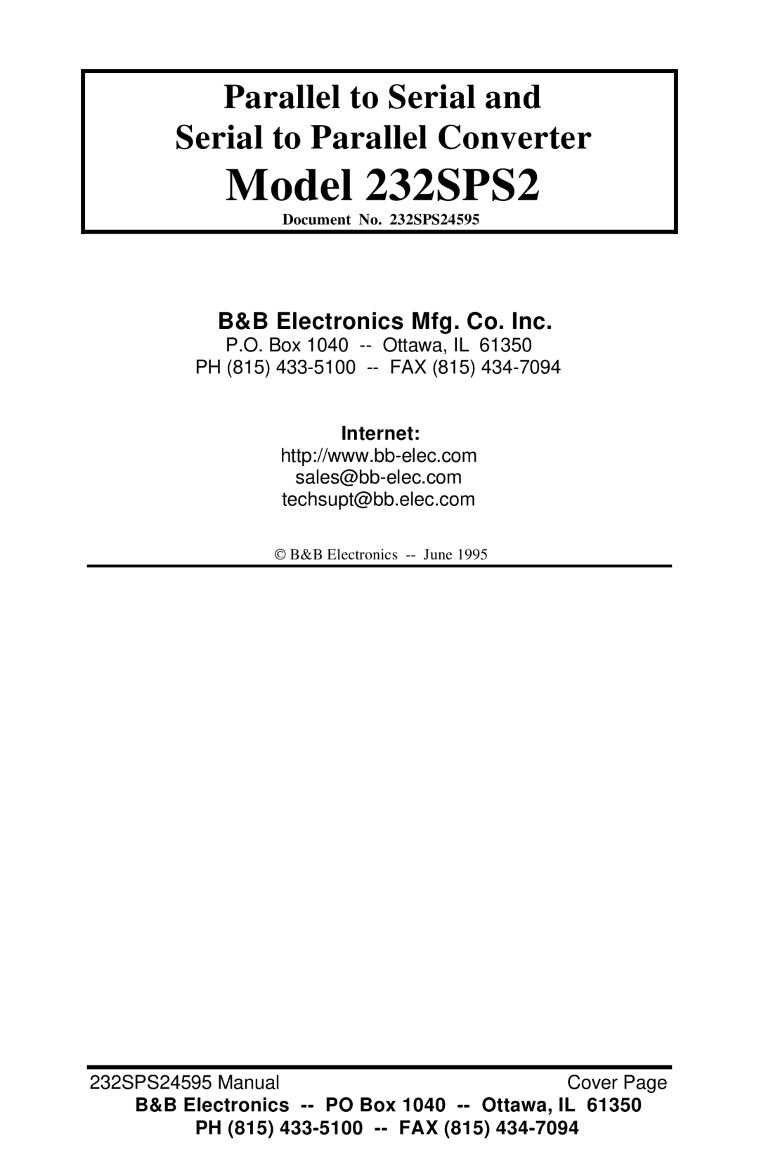 B&B Electronics Parallel to Serial and Serial to Parallel Converter manual Model 232SPS2 