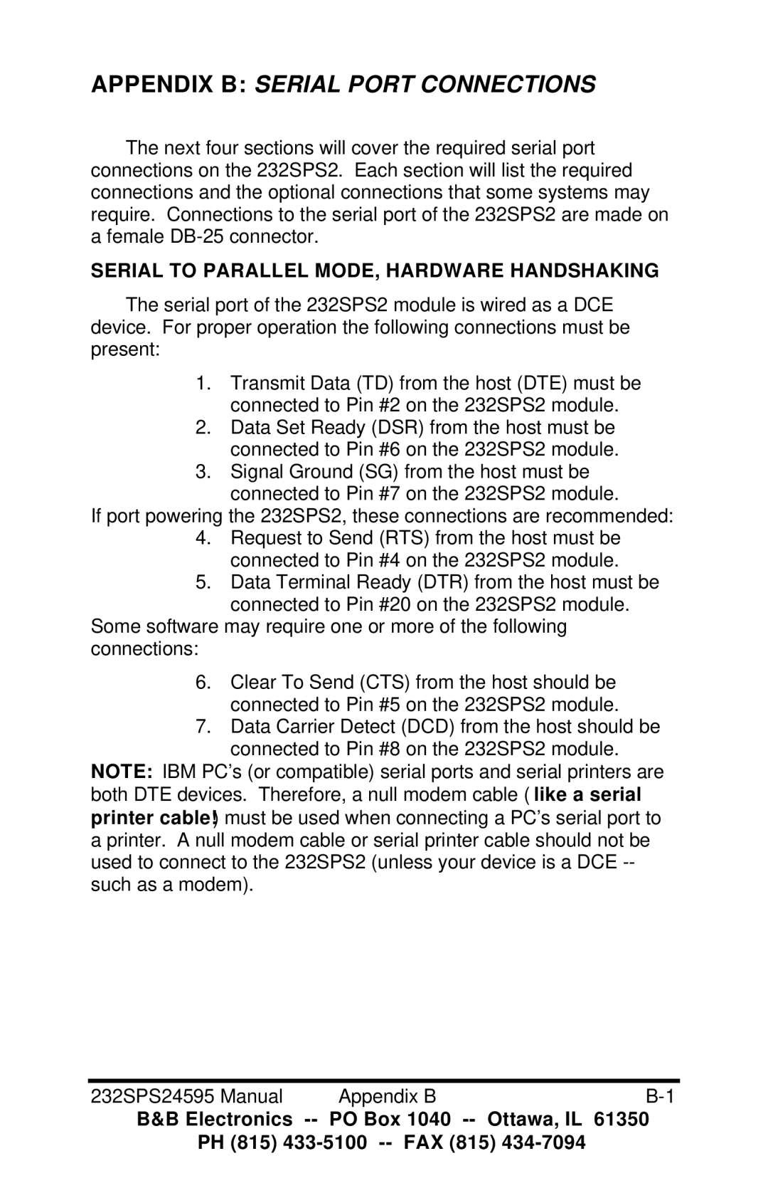 B&B Electronics 232SPS2 manual Appendix B Serial Port Connections, Serial to Parallel MODE, Hardware Handshaking 