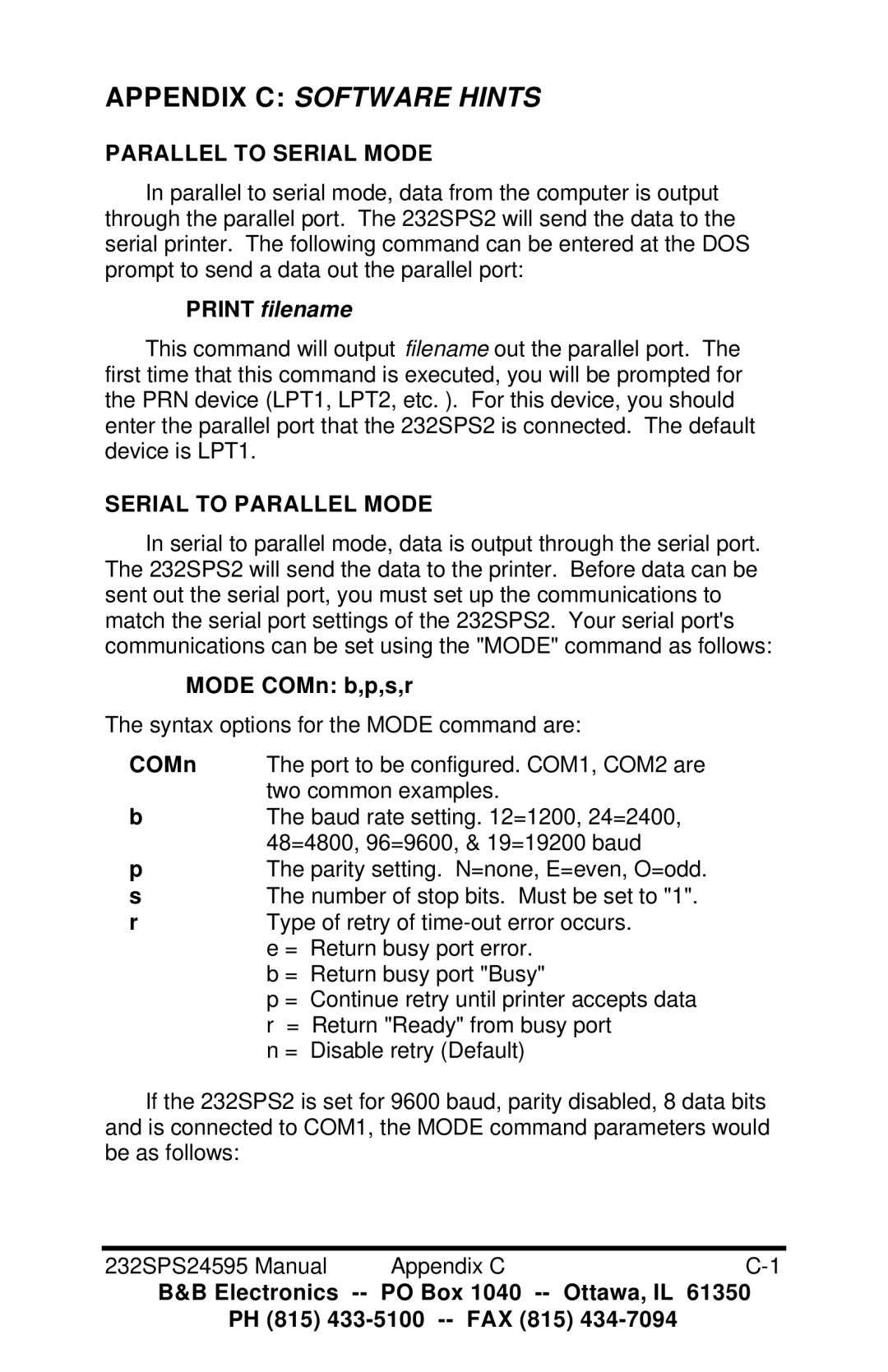 B&B Electronics 232SPS2 Appendix C Software Hints, Parallel to Serial Mode, Serial to Parallel Mode, Mode COMn b,p,s,r 