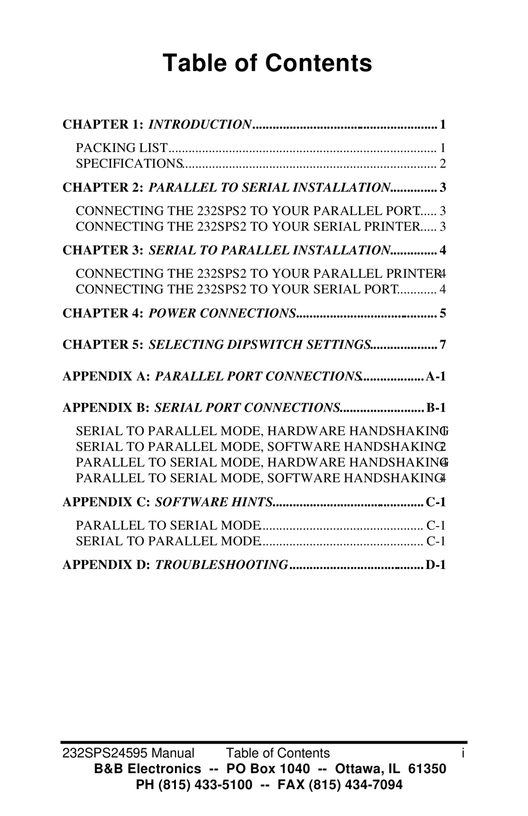 B&B Electronics 232SPS2, Parallel to Serial and Serial to Parallel Converter manual Table of Contents 