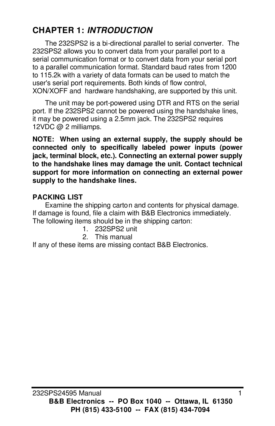 B&B Electronics Parallel to Serial and Serial to Parallel Converter, 232SPS2 manual Introduction, Packing List 