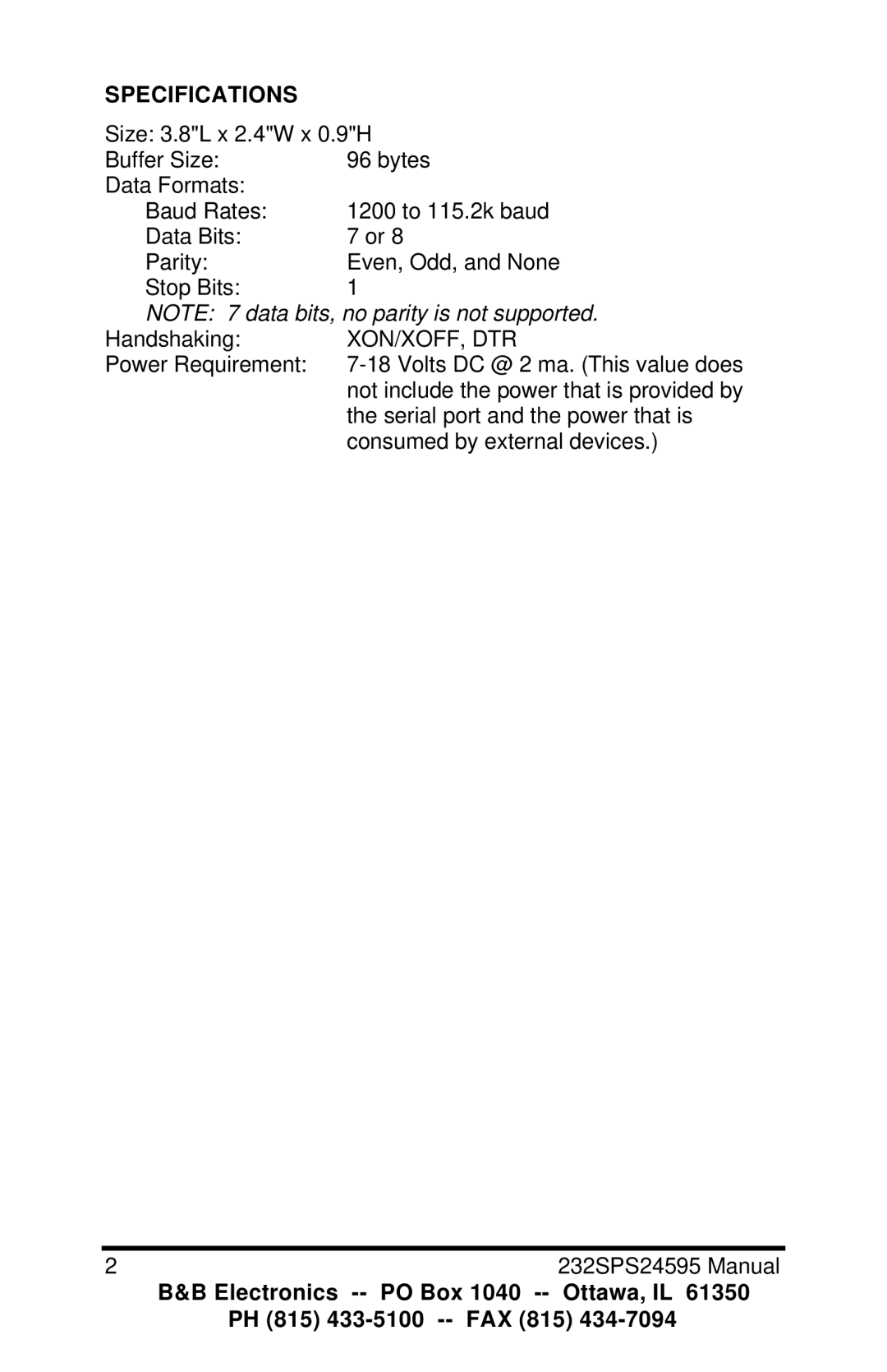 B&B Electronics 232SPS2, Parallel to Serial and Serial to Parallel Converter manual Specifications, Xon/Xoff, Dtr 