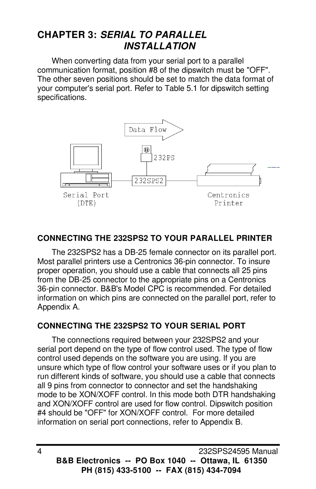 B&B Electronics manual Serial to Parallel Installation, Connecting the 232SPS2 to Your Parallel Printer 