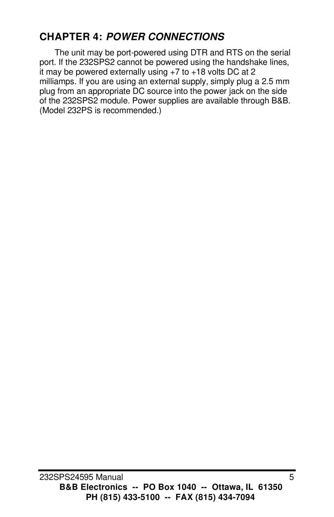 B&B Electronics Parallel to Serial and Serial to Parallel Converter, 232SPS2 manual Power Connections 