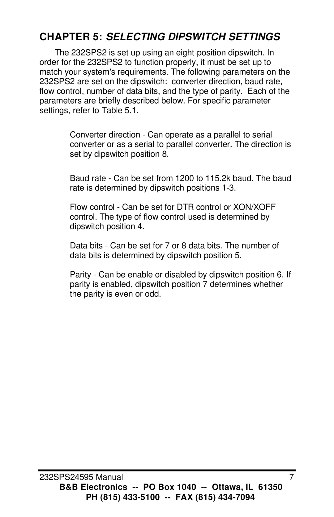 B&B Electronics 232SPS2, Parallel to Serial and Serial to Parallel Converter manual Selecting Dipswitch Settings 