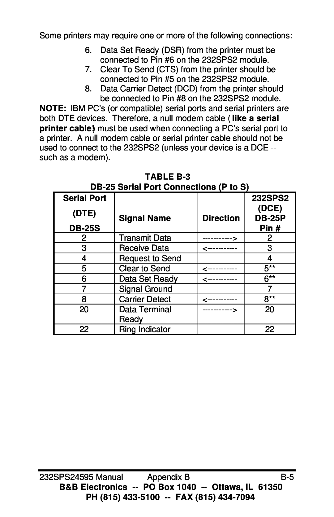 B&B Electronics 232SPS2 TABLE B-3 DB-25 Serial Port Connections P to S, DB-25P, DB-25S, Signal Name, Direction, Pin # 