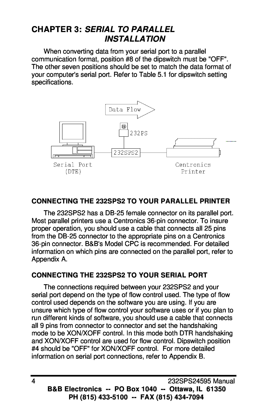 B&B Electronics manual Serial To Parallel Installation, CONNECTING THE 232SPS2 TO YOUR PARALLEL PRINTER 