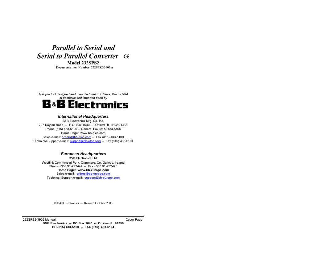 B&B Electronics 232SPS2 manual Parallel to Serial Serial to Parallel Converter CE 