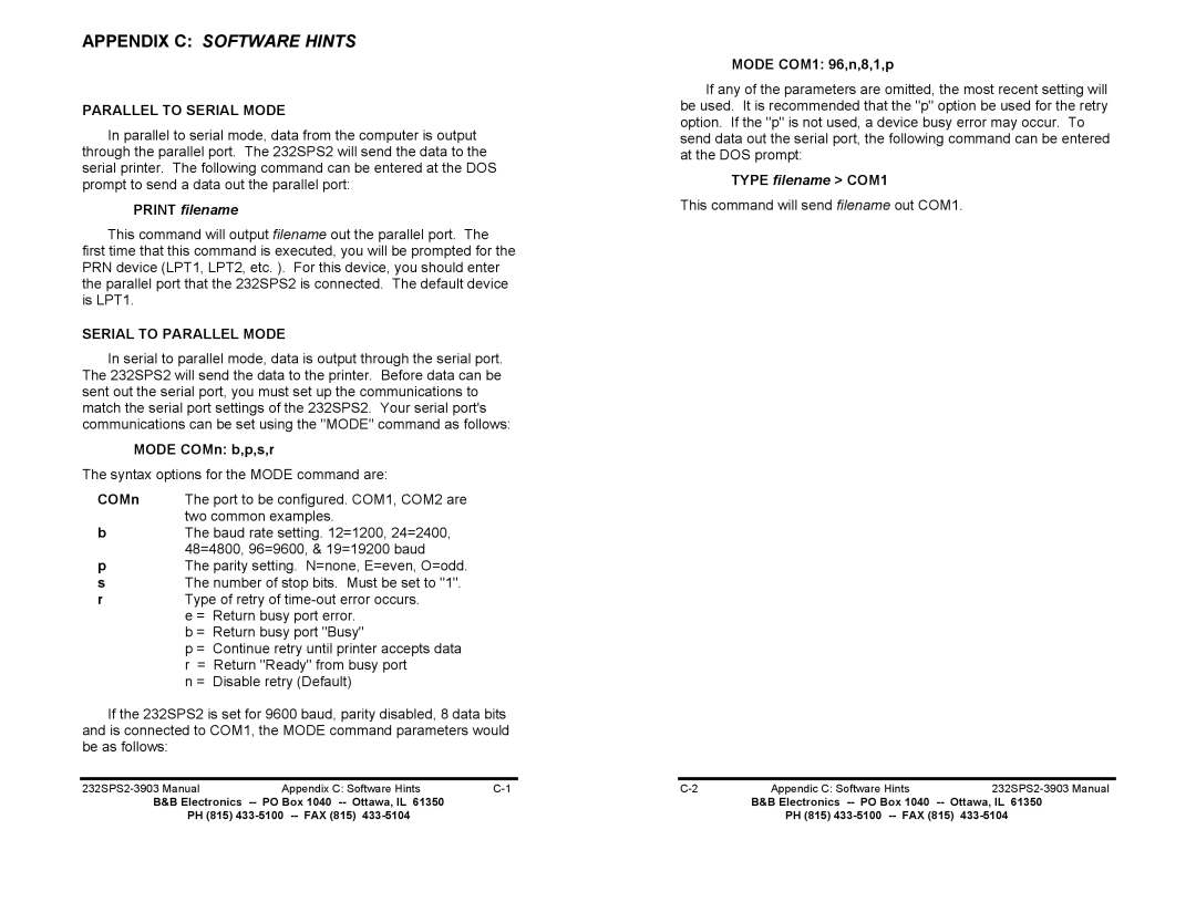 B&B Electronics 232SPS2 manual Appendix C Software Hints, Parallel to Serial Mode, Serial to Parallel Mode 