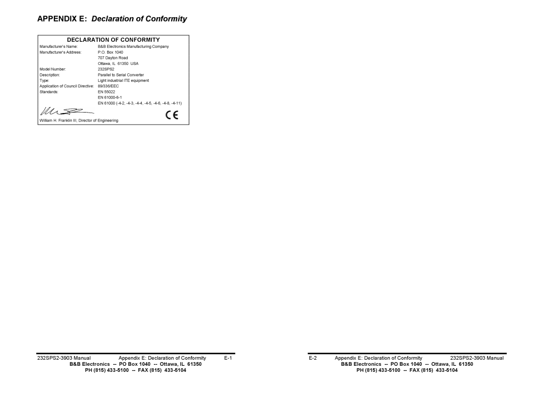 B&B Electronics 232SPS2 manual Appendix E Declaration of Conformity 