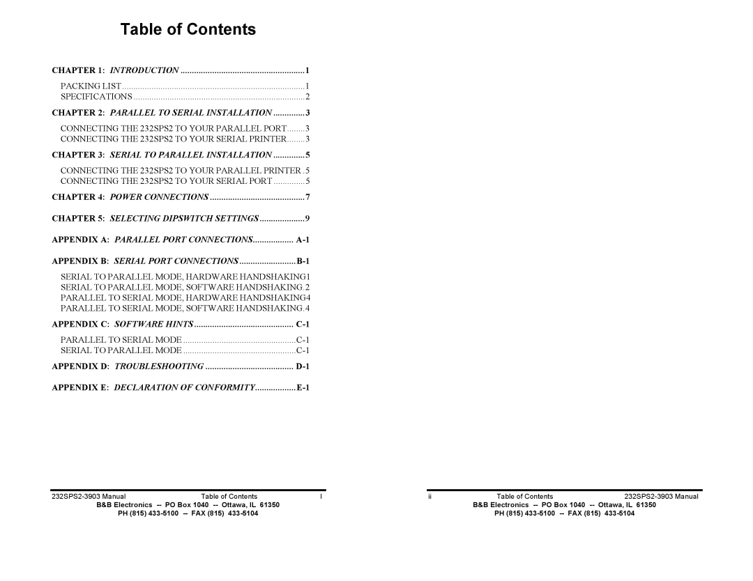 B&B Electronics 232SPS2 manual Table of Contents 