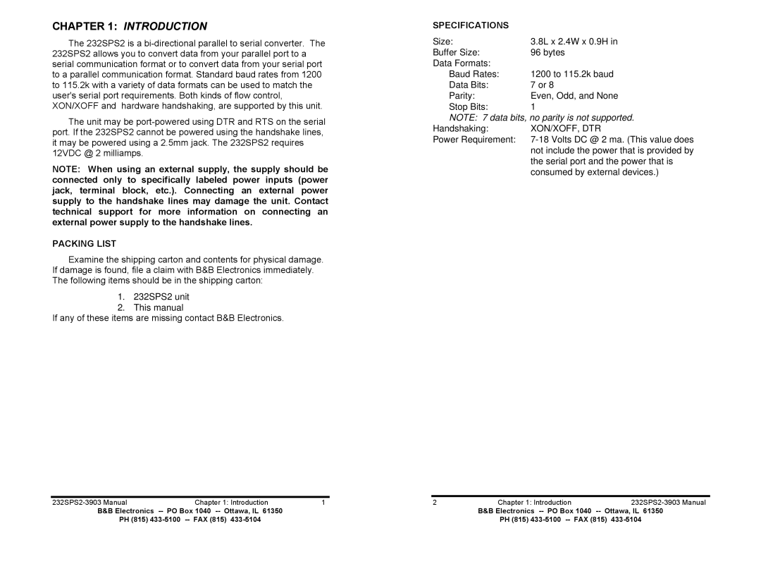 B&B Electronics 232SPS2 manual Introduction, Packing List, Specifications 