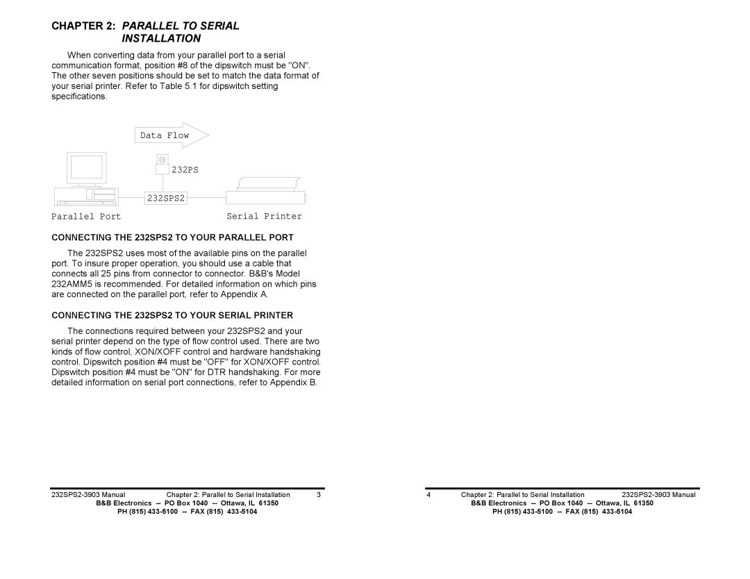 B&B Electronics manual Parallel to Serial Installation, Connecting the 232SPS2 to Your Parallel Port 