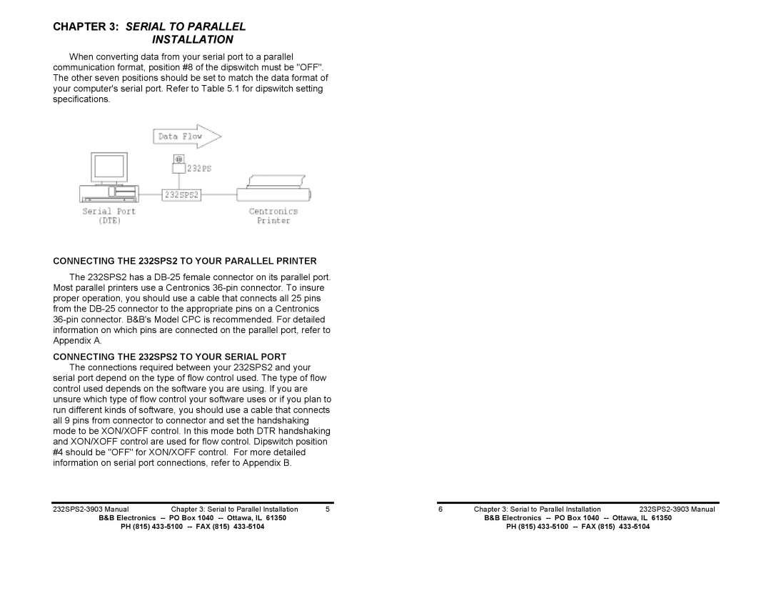 B&B Electronics manual Serial to Parallel Installation, Connecting the 232SPS2 to Your Parallel Printer 