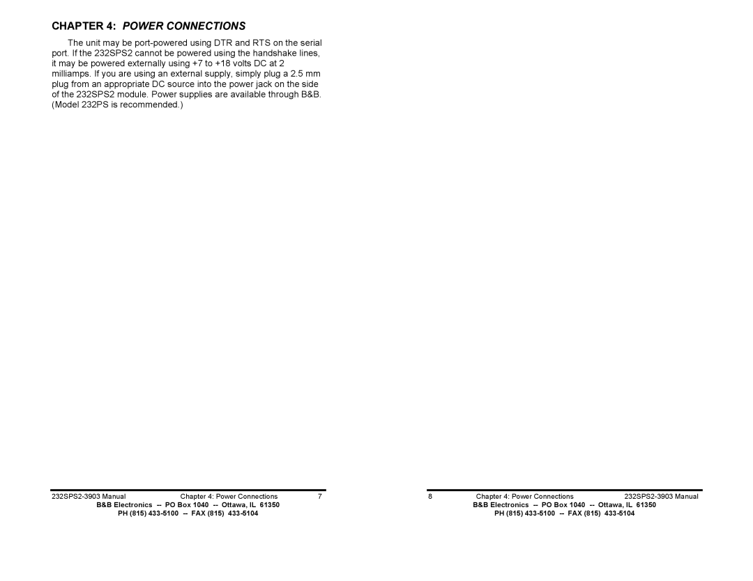 B&B Electronics 232SPS2 manual Power Connections 