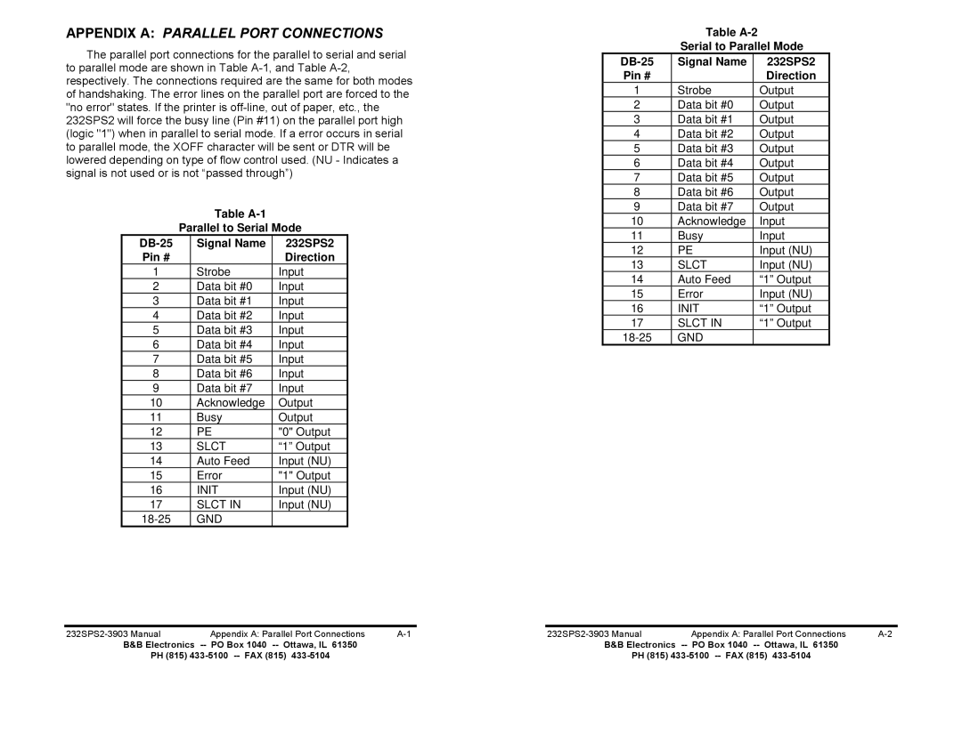 B&B Electronics manual Appendix a Parallel Port Connections, Table A-1 Parallel to Serial Mode DB-25 Signal Name 232SPS2 