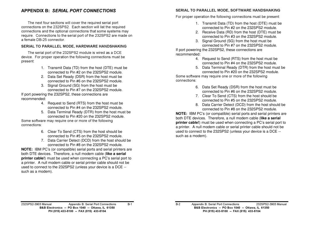 B&B Electronics 232SPS2 manual Appendix B Serial Port Connections, Serial to Parallel MODE, Hardware Handshaking 