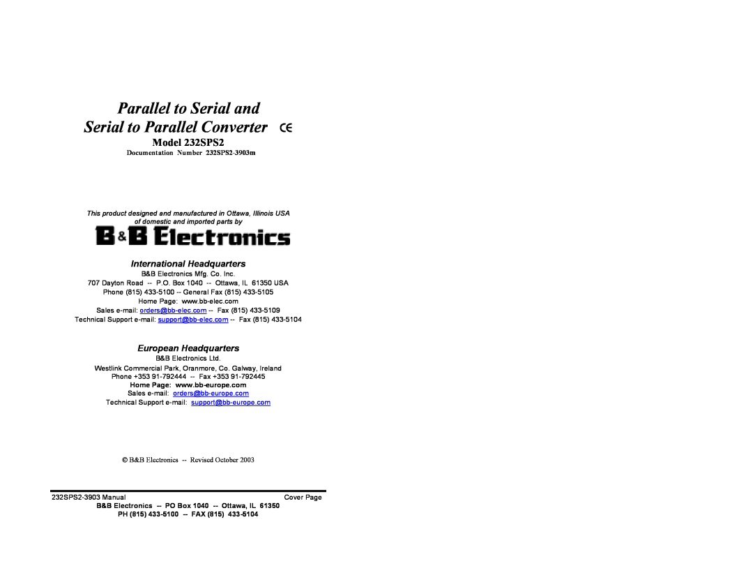 B&B Electronics Parallel to Serial and Serial to Parallel Converter manual B&B Electronics Mfg. Co. Inc, Model 232SPS2 