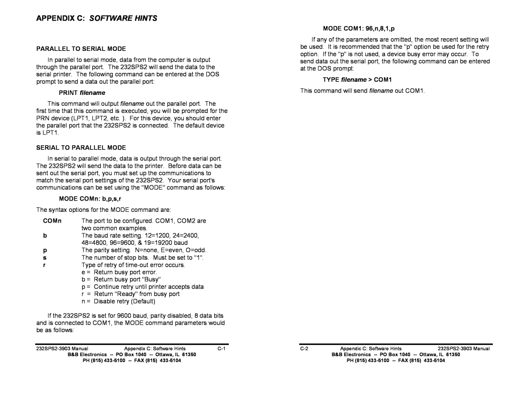 B&B Electronics 232SPS2 manual Appendix C Software Hints, PRINT filename 
