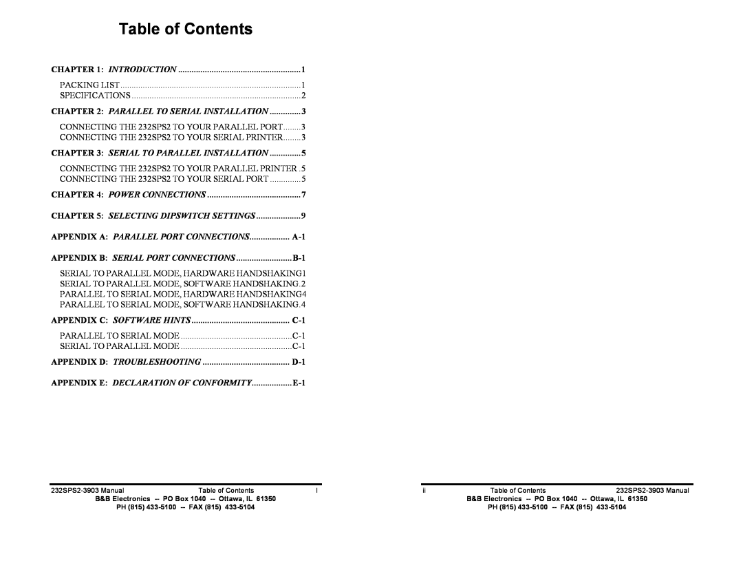 B&B Electronics 232SPS2 manual Table of Contents, Parallel To Serial Installation, Serial To Parallel Installation 