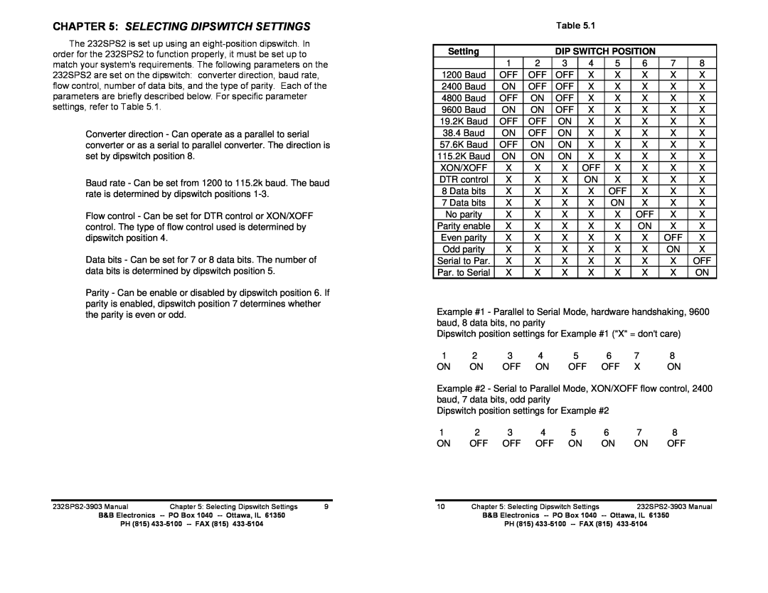 B&B Electronics 232SPS2 manual Selecting Dipswitch Settings 