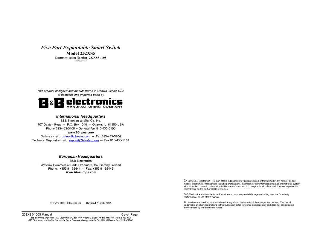 B&B Electronics Five Port Expandable Smart Switch, 232XS5 manual 