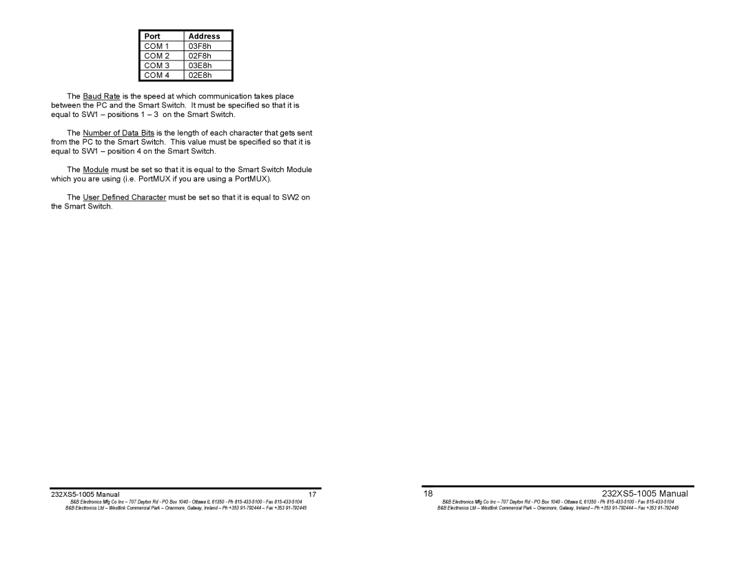 B&B Electronics 232XS5 manual Com 