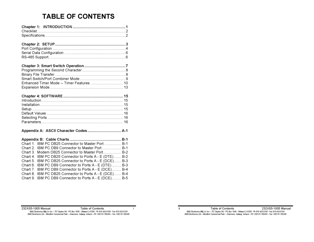 B&B Electronics 232XS5 manual Table of Contents 